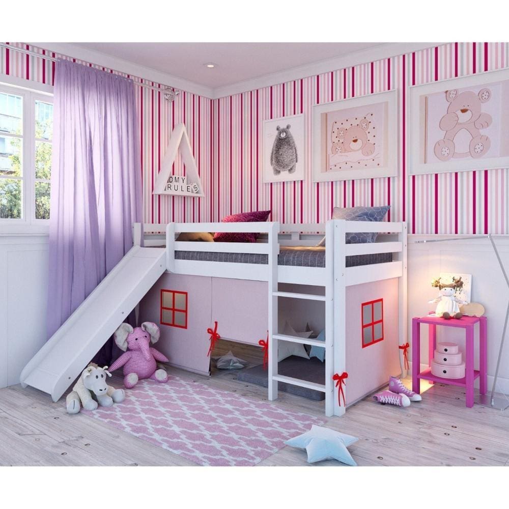 Cama Alta Kids com Escorregador e Tenda em Madeira Maciça/MDF Branco/Rosa