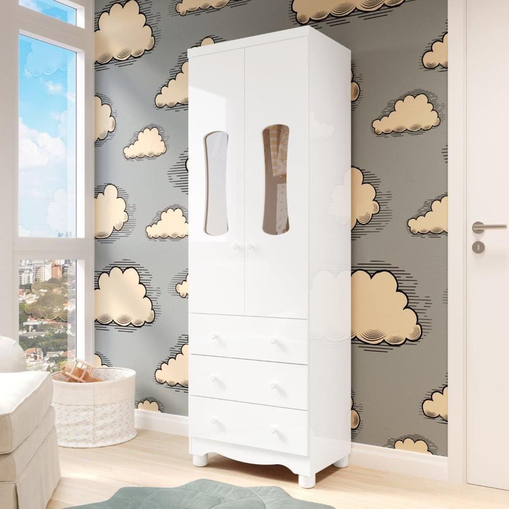 Guarda-Roupa de Bebê 2 Portas com Janela 3 Gavetas 100% MDF Lana Espresso Móveis Branco Brilho