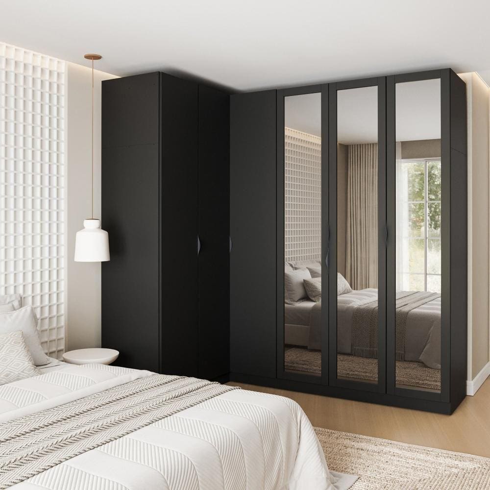 Guarda Roupa Modulado de Canto 3 Peças 6 Portas com 3 Portas Reflecta Hera CabeCasa MadeiraMadeira Preto