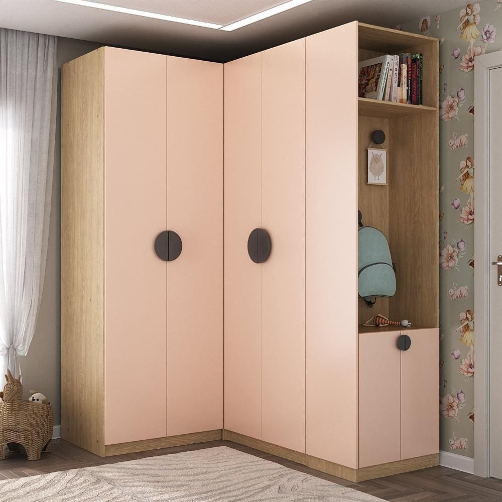 Conjunto Modulado Infantil de Canto 3 Peças 6 Portas Nicho com 2 Gavetas e Sapateira Joy Kids CabeCasa MadeiraMadeira Salmão/Avena
