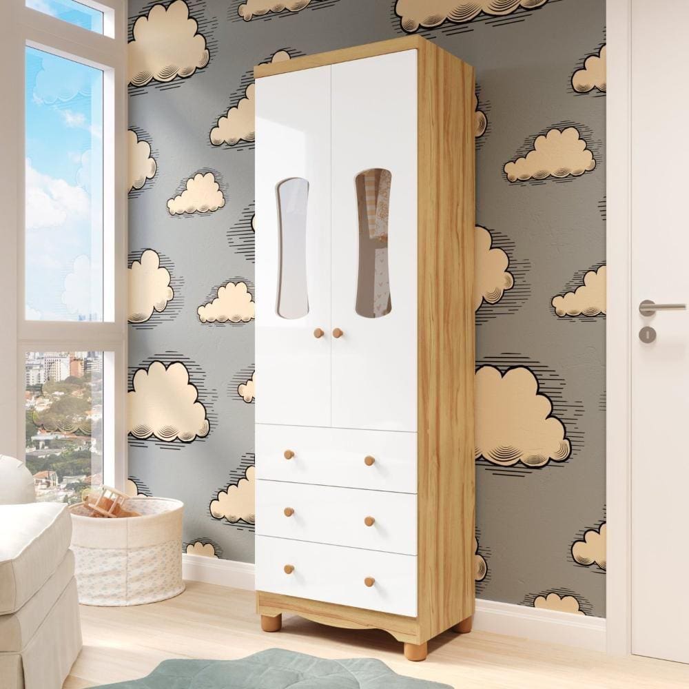 Guarda-Roupa de Bebê 2 Portas com Janela 3 Gavetas 100% MDF Lana Espresso Móveis Branco Brilho/Amêndoa