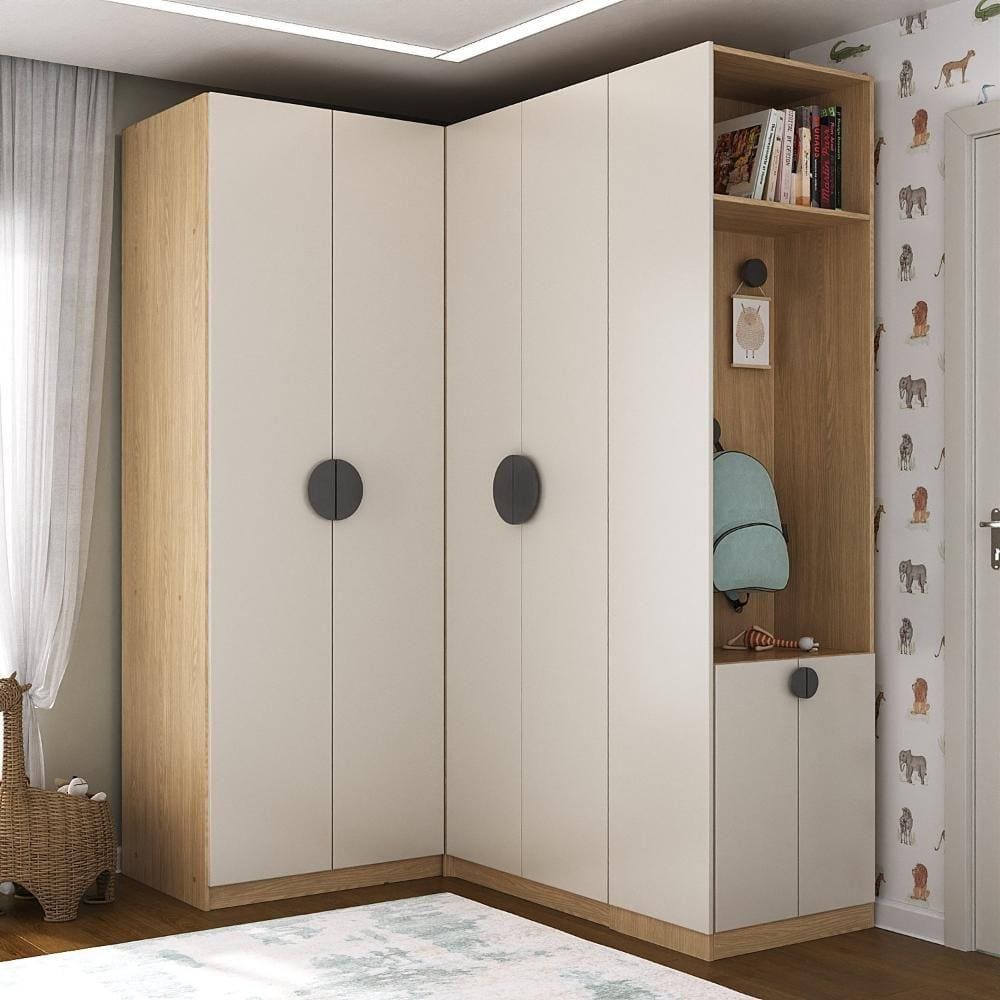 Conjunto Modulado Infantil de Canto 3 Peças 6 Portas Nicho com 2 Gavetas e Sapateira Joy Kids CabeCasa MadeiraMadeira Cinza/Avena