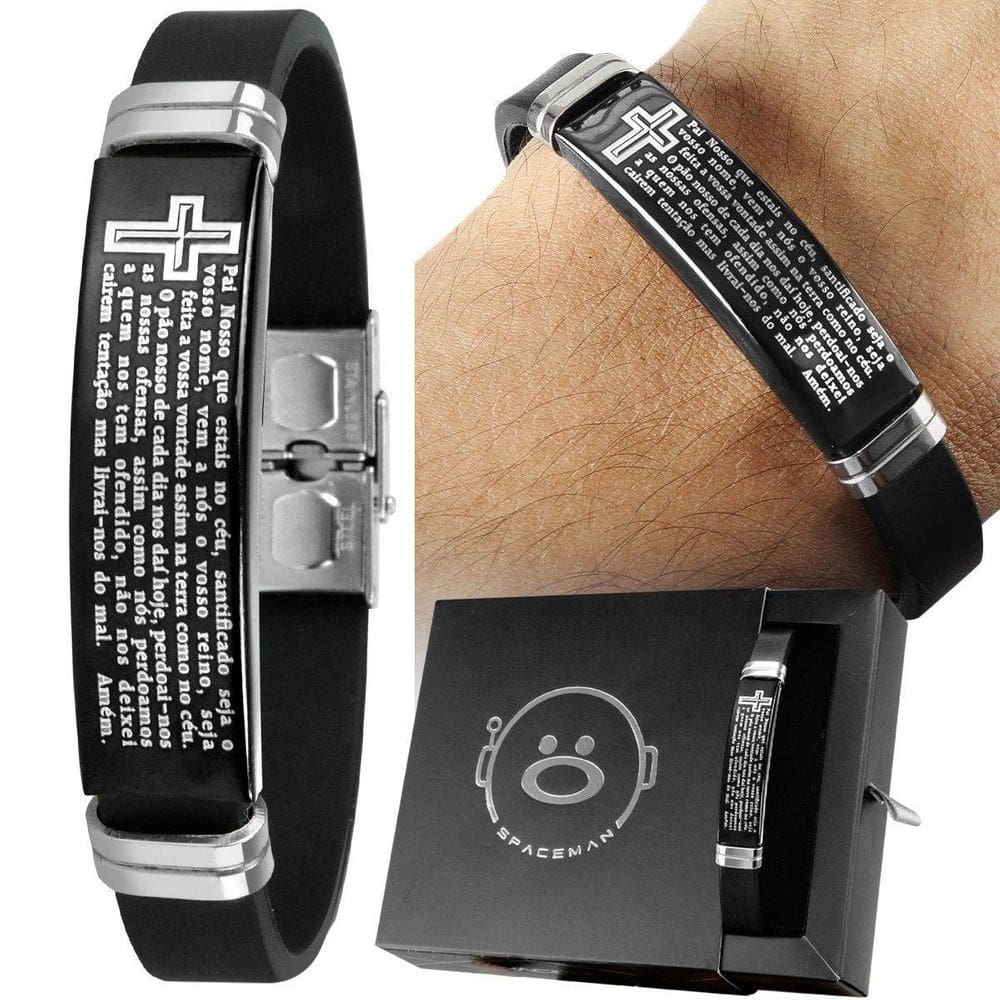 Pulseira Placa Pai Nosso Aço Inox Masculina Preta + Caixa