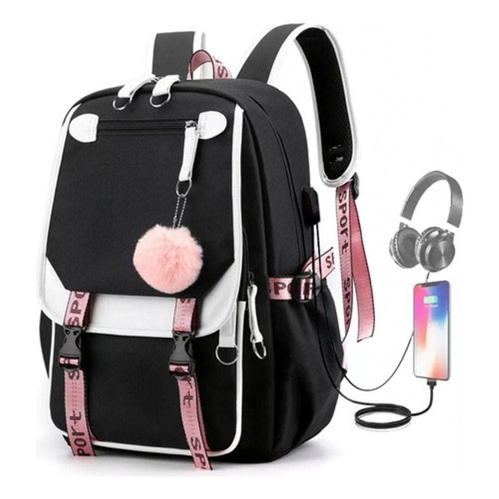 Mochila de moda juvenil estilo coreano Kawaii com porta USB