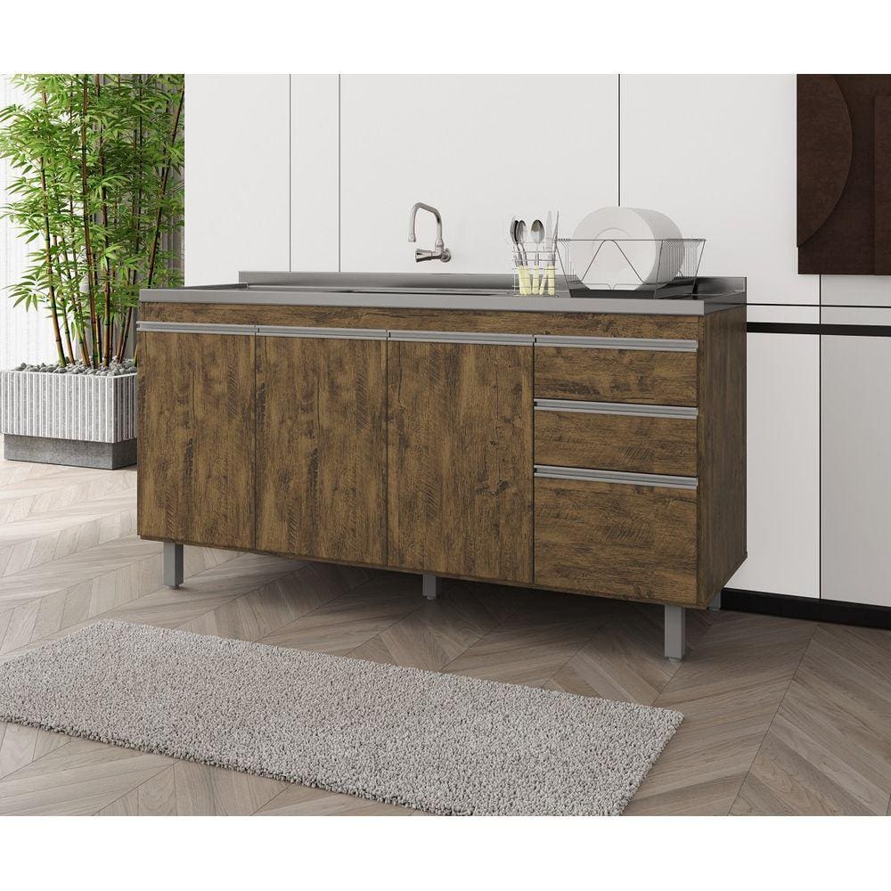Balcão Armário de Cozinha Premium 160cm Chocolate S/ Tampo - Nathan