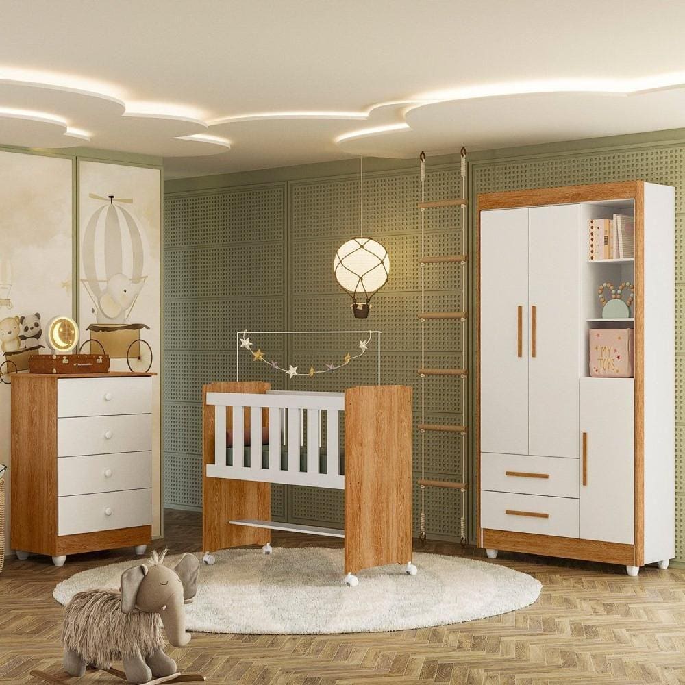 Quarto de Bebê Completo com Cômoda, Mini Berço e Guarda Roupas Lila Amadeirado/Branco