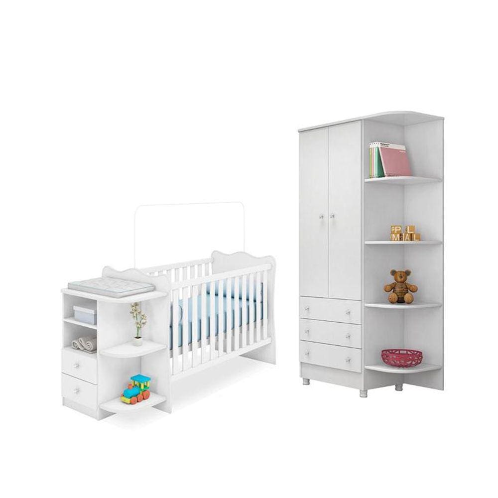 Quarto para Bebê Berço Cantoneira e Guarda Roupa Branco - Qmovi