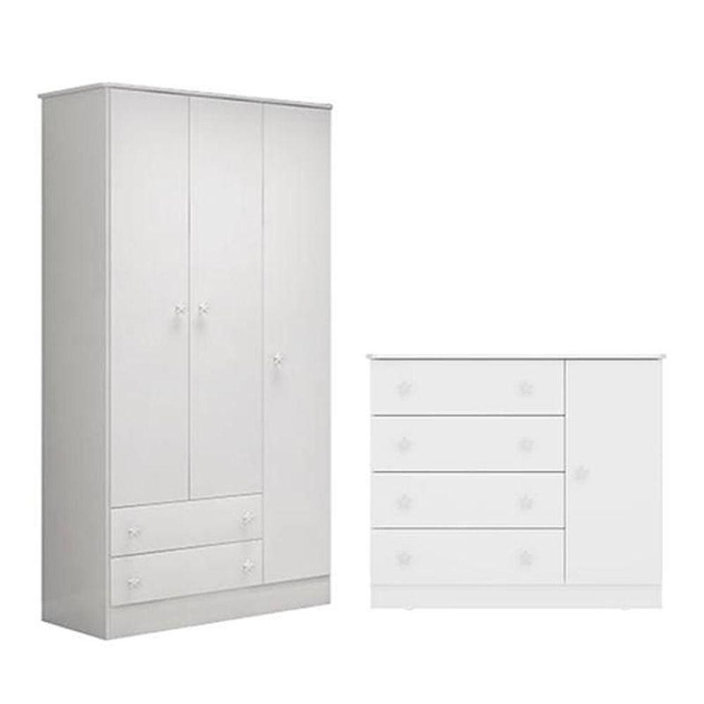 Quarto infantil Doce Sonho Guarda Roupa e Cômoda Sapateira Branco - Qmovi