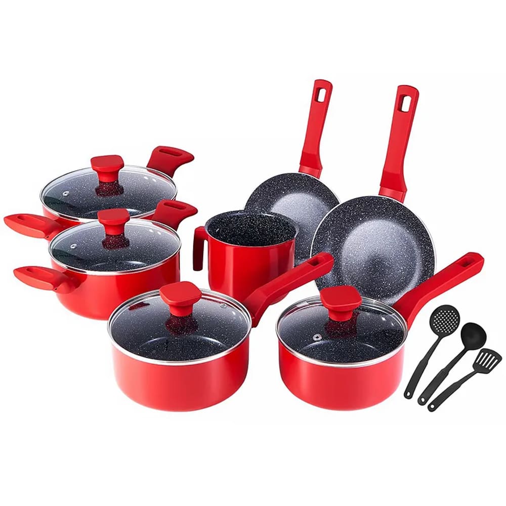 Jogo De Panelas Ceramica Antiaderente Indução Mimo Style Pratic Cook Red 10 Peças Conjunto Com Caçarola Frigideira E Utensílios