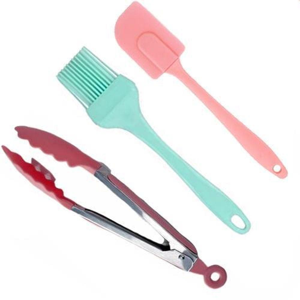 Pincel Espátula Pegador Utensílio Silicone Kit 3 Peças Bolos