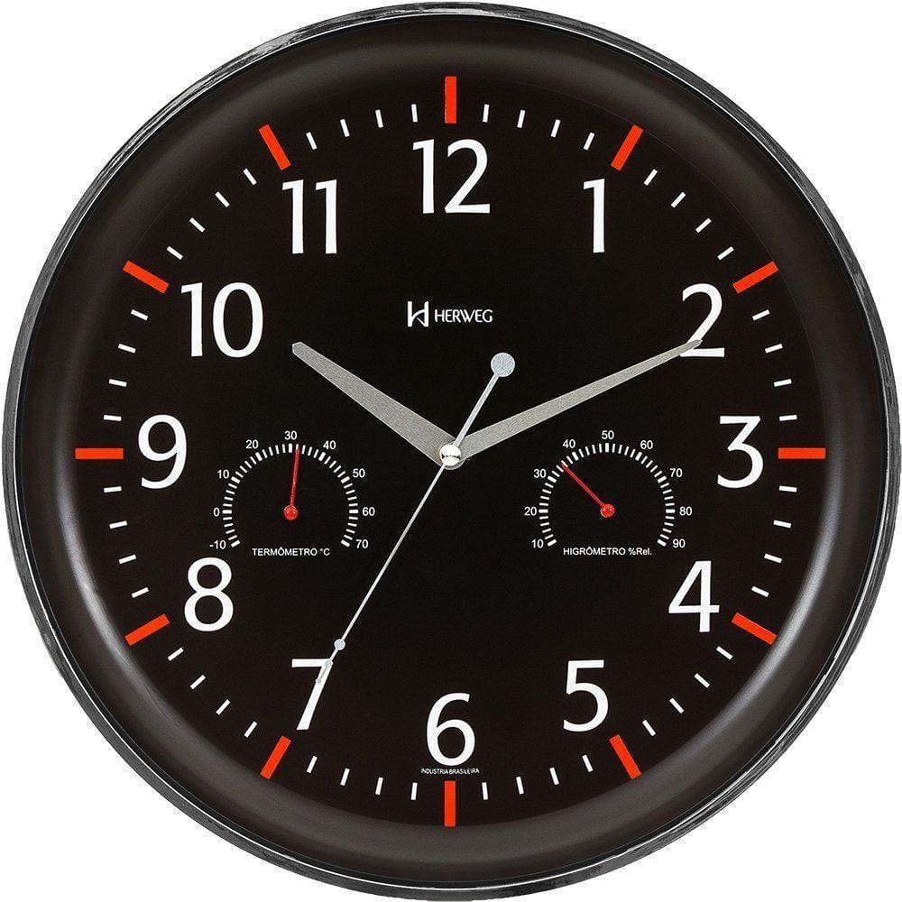 Relógio Parede 35cm Preto Termômetro Higrômetro Herweg 6812