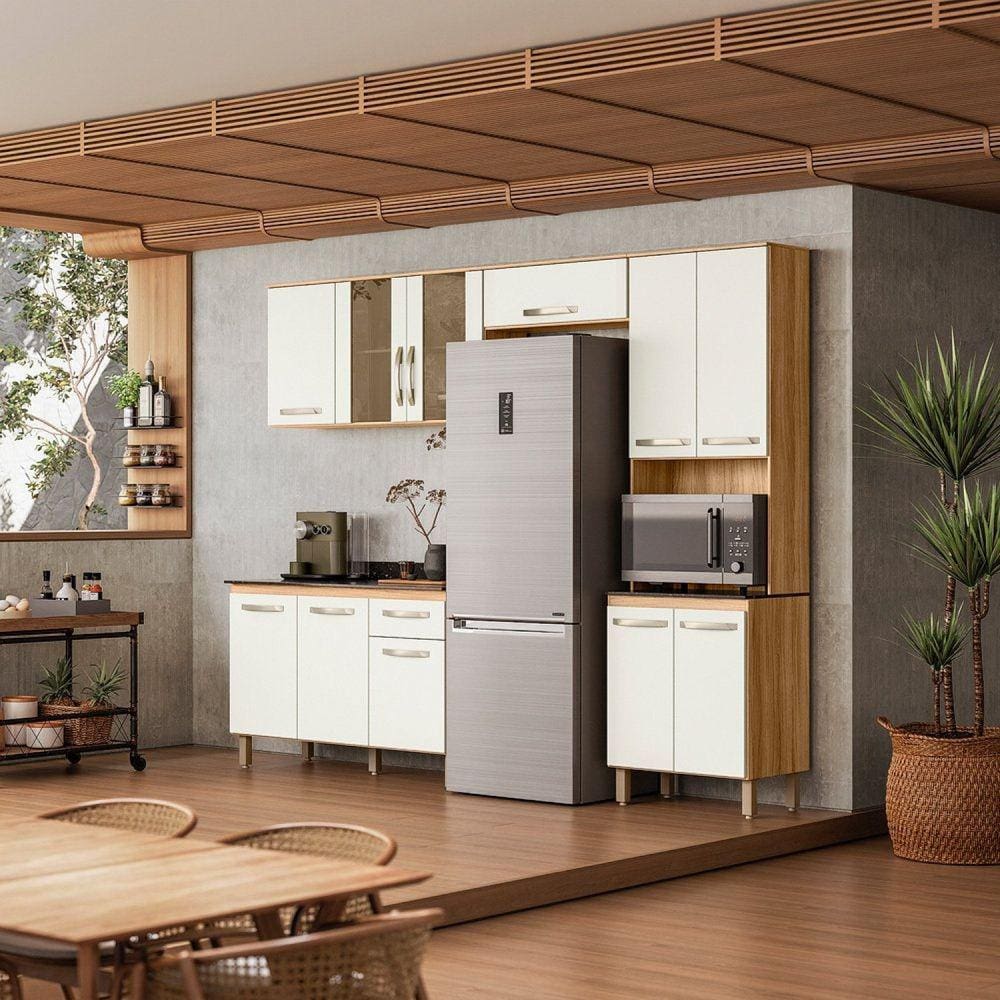 Kit Cozinha Compacta com Balcão Fit Freijó/Off White Cristal