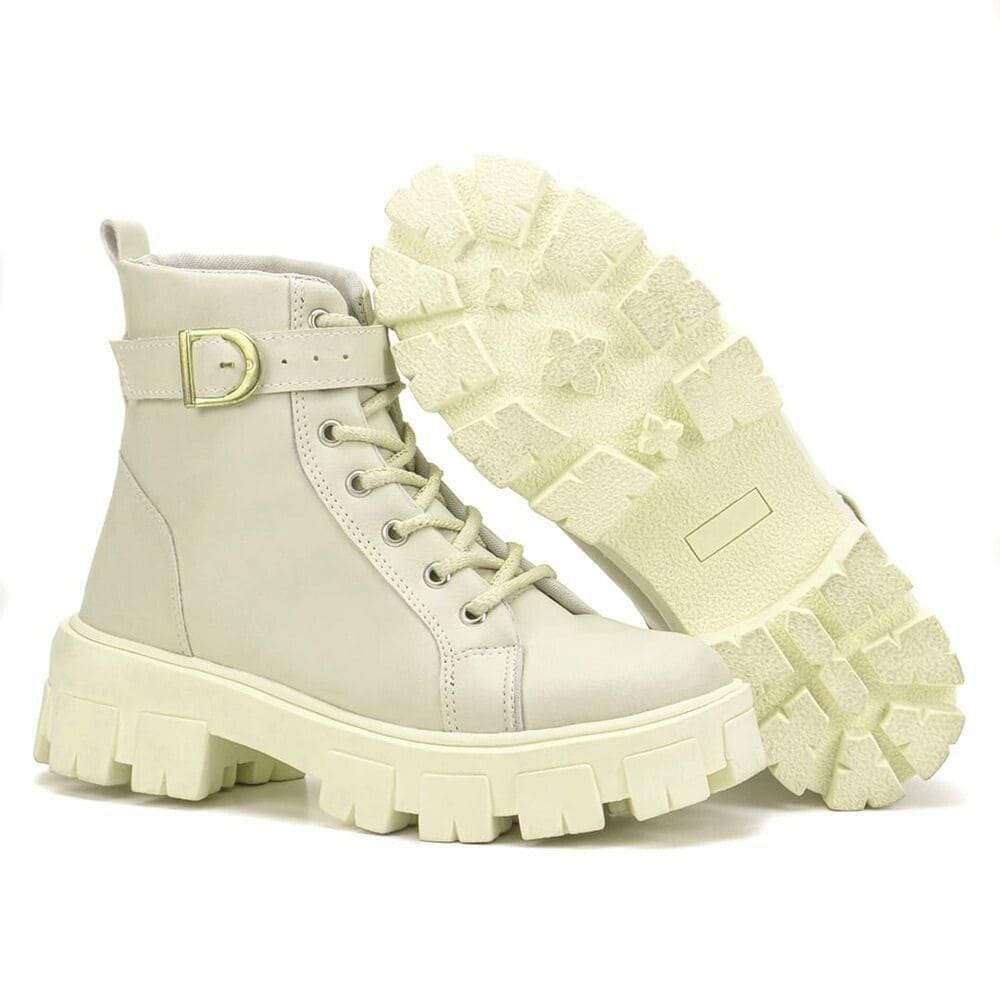 Coturno Feminino Casual com Amarração e Detalhe de Fivela Conforto e Estilo Urbano Marfim