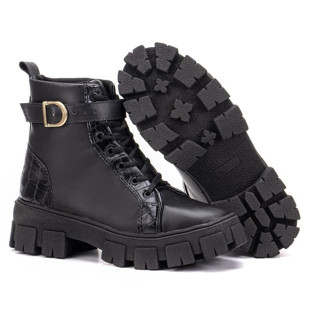 Coturno Feminino Casual com Amarração e Detalhe de Fivela Conforto e Estilo Urbano Preto