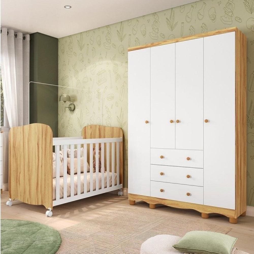 Quarto de Bebê com Guarda Roupas 4 Portas e Berço com Rodízio Mimo 100% Mdf Branco Brilho/Amêndoa