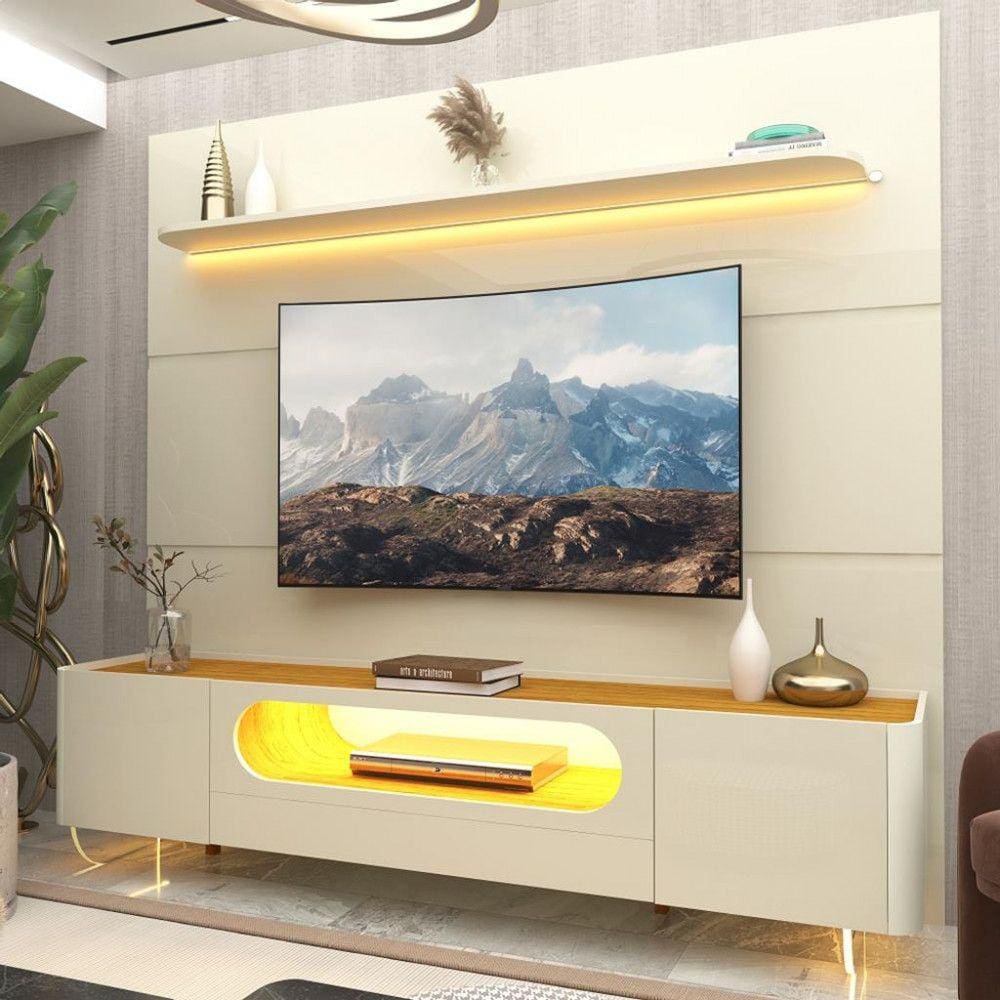 Rack com Painel para TV até 85 Polegadas 2 Portas 1 Gaveta LED com Pés de Vidro Royal Nobre Gelius
