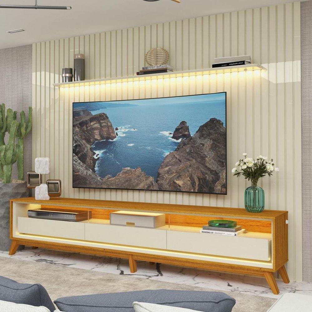 Rack com Painel para TV até 85 Polegadas 3 Gavetas Ripado LED com Pés Nobre Requinte Gelius
