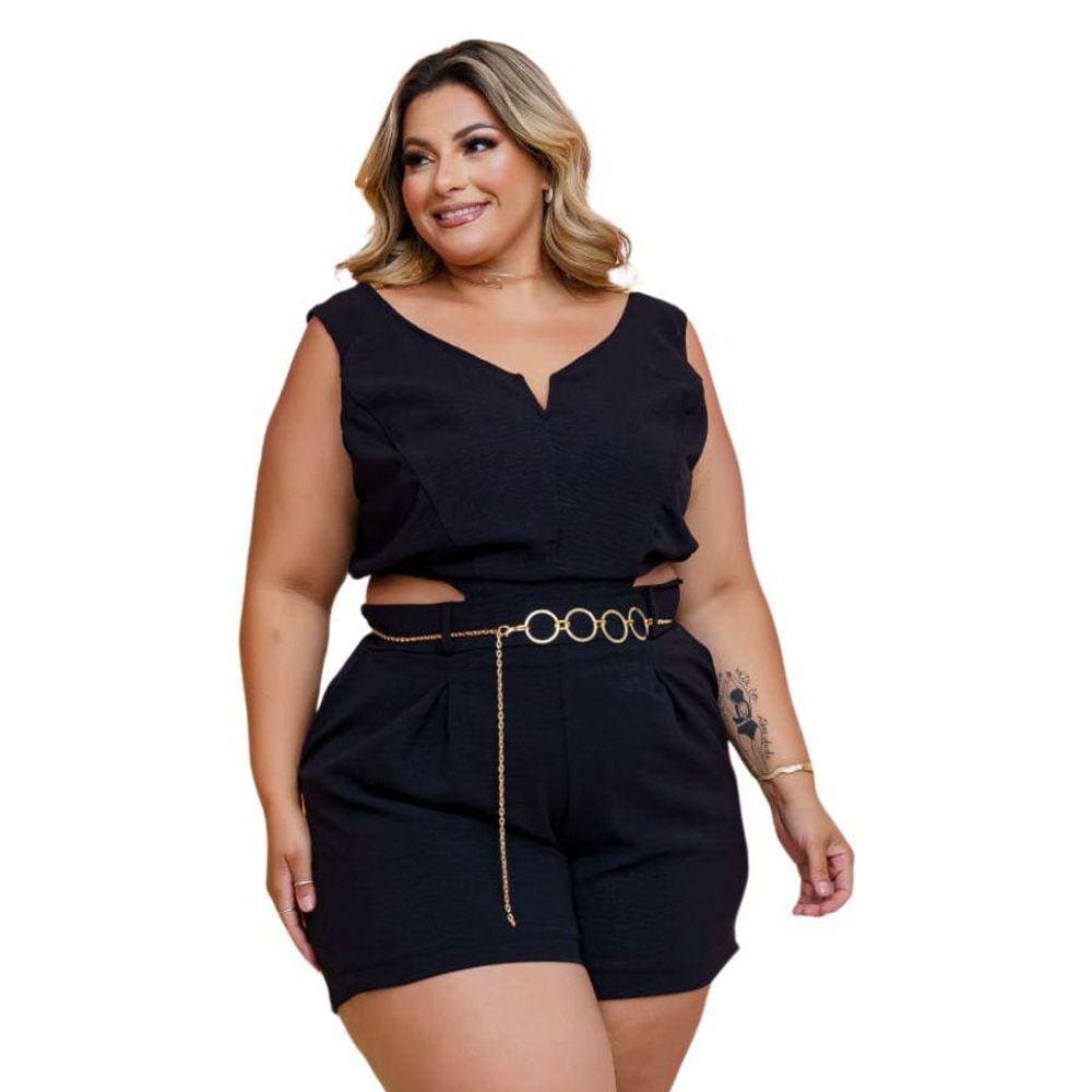 Macaquinho Plus Size Com Cinto Corrente Aberto Lateral 0440