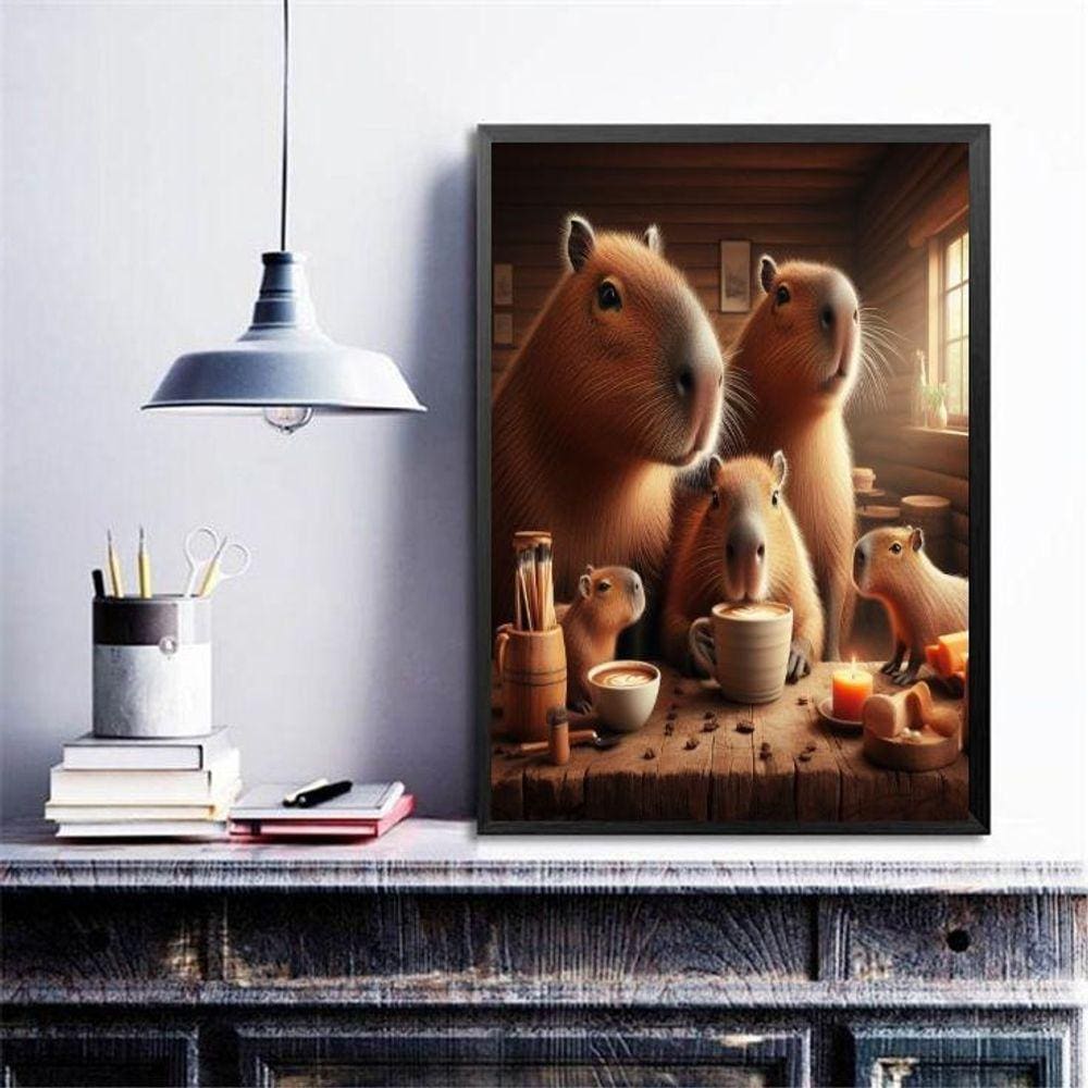 Quadro Família Capivaras Tomando Café 33X24Cm