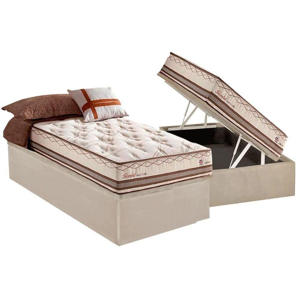 Cama Box Baú Solteiro: Colchão Molas Herval MasterPocket Ensacadas Istambul + Base CRC Suede Bege(88x188)