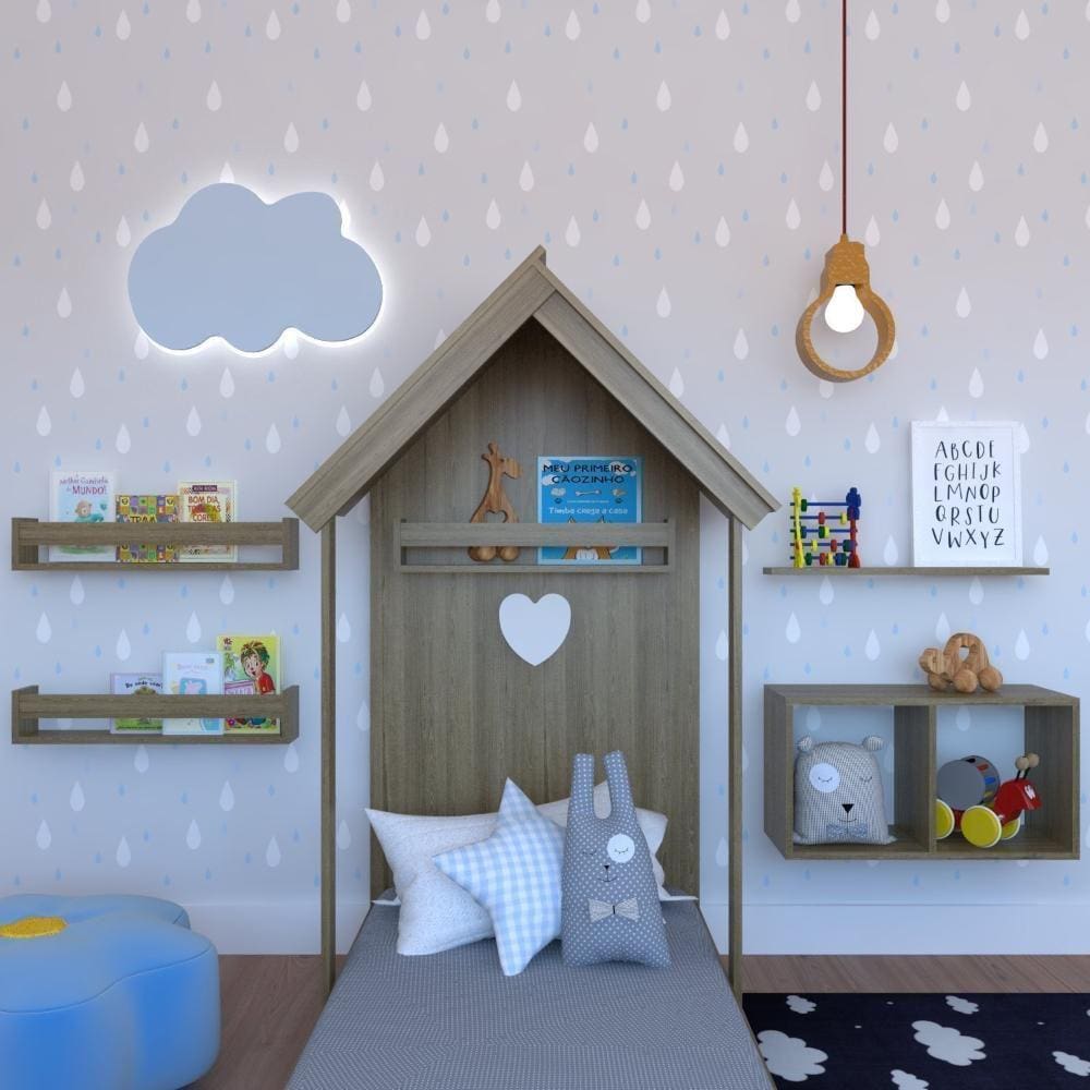 Quarto Infantil Cama Nicho Prateleira e Revisteiros Carvalho