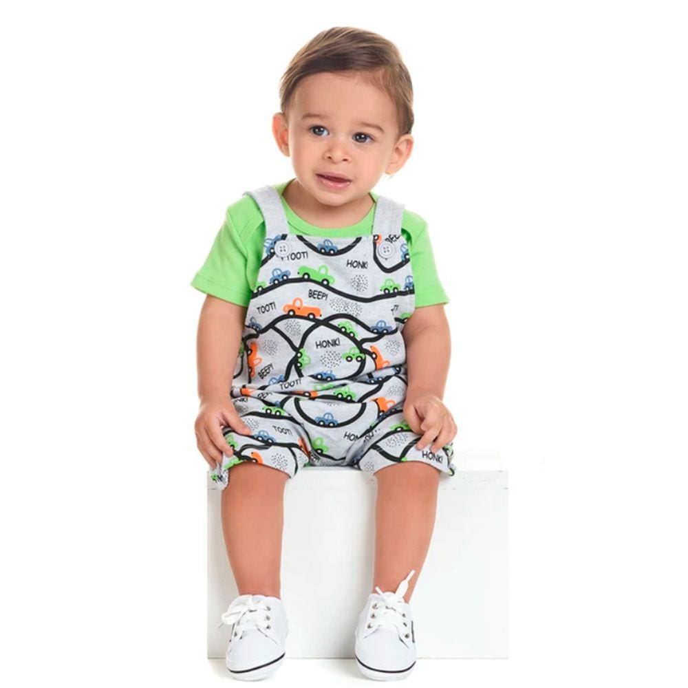 Conjunto Bebe Jardineira em moletinho com body em suedine carrinhos