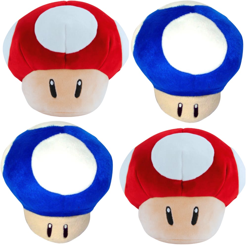 04 Pelúcias Cogumelo Vermelho e Azul 15cm da Turma do Mario