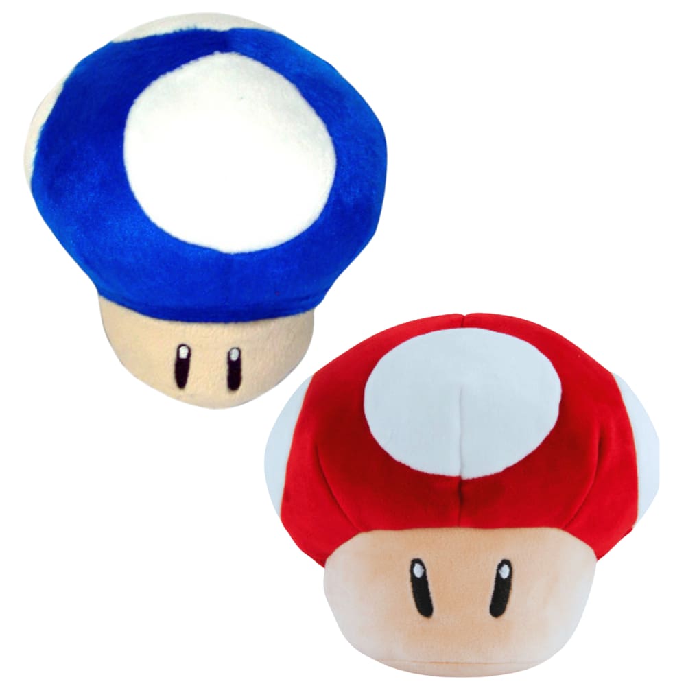 02 Pelúcias Cogumelo Vermelho e Azul 15cm da Turma do Mario