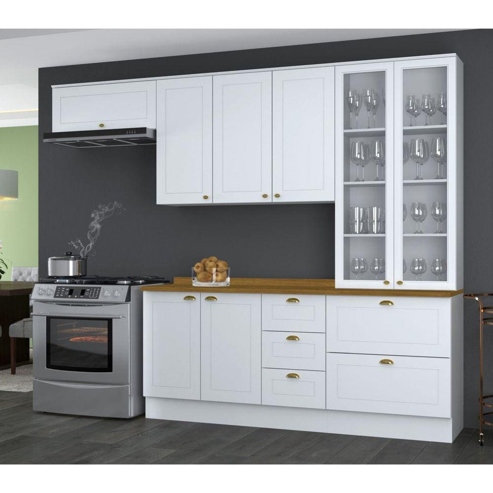 Cozinha Compacta 5 Peças 8 Portas 5 Gavetas Tampo Amadeirado Emily Espresso Móveis Branco HP/Marrom