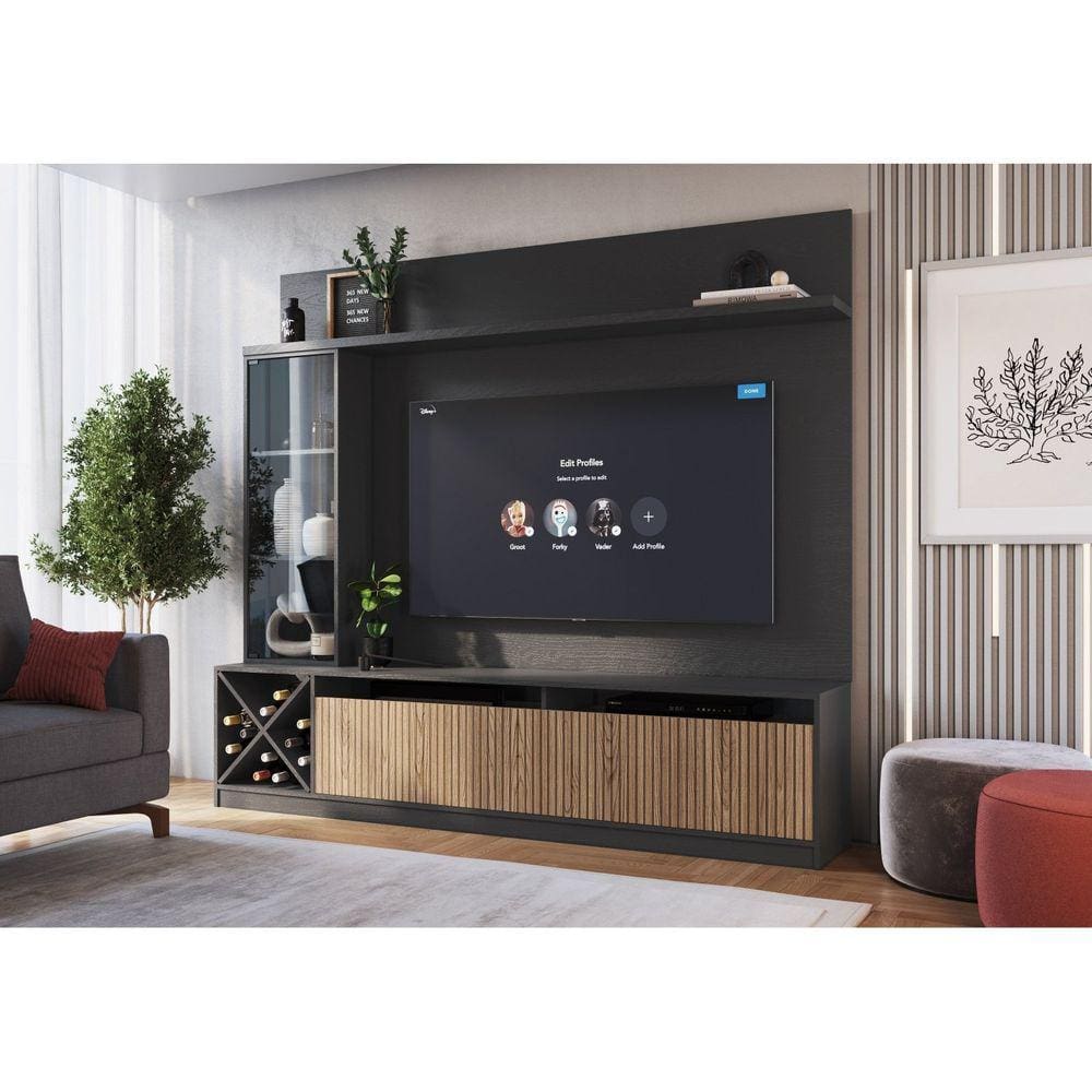 Rack Impressão Ripado com Painel para TV até 60 Polegadas Adega e Cristaleira Capri Quiditá Grafite/Brise