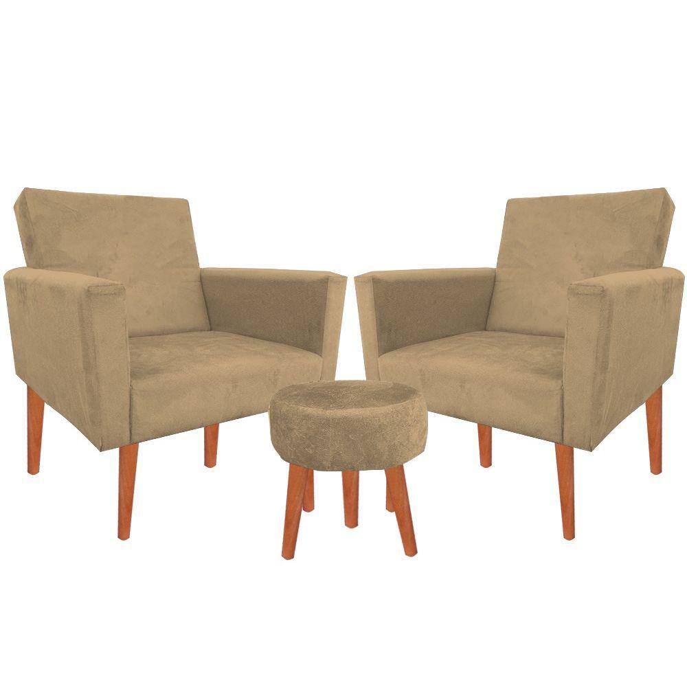Kit 02 Poltronas Luxo Decorativas Nina E Puff Suede Capuccino