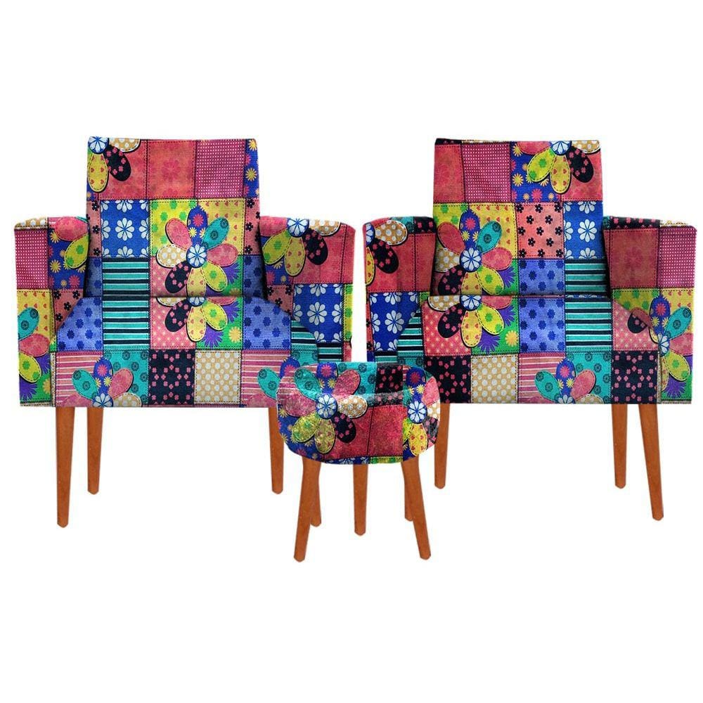 Kit 02 Poltronas Luxo Decorativas Nina E Puff Suede Primavera