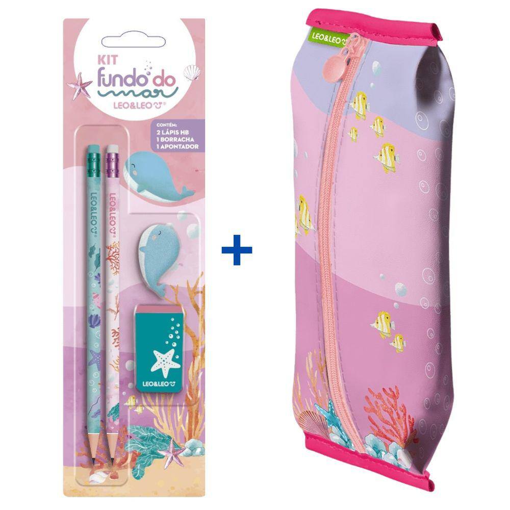 Kit Fundo do Mar Estojo + Lápis + Borracha + Apontador - Leo&Leo