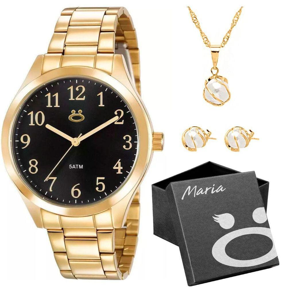 Relogio Feminino Aço Inox Dourado + Colar + Caixa + Brincos