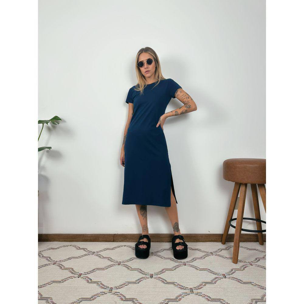 Vestido Midi Camiseta Com Fenda Aveloz Marinho