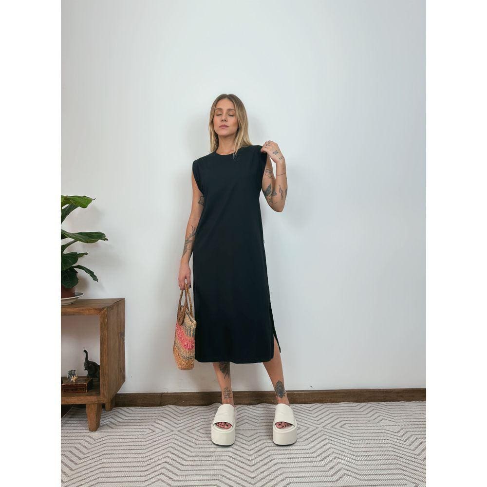 Vestido Muscle Tee Midi Regata Com Fenda Aveloz- Preto