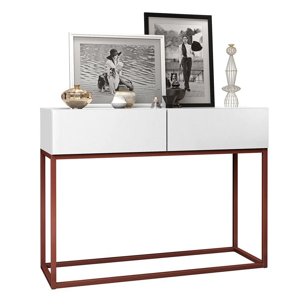 Aparador Buffet Hall De Entrada Luxo Eros 02 Gavetas 90cm Branco Com Cobre