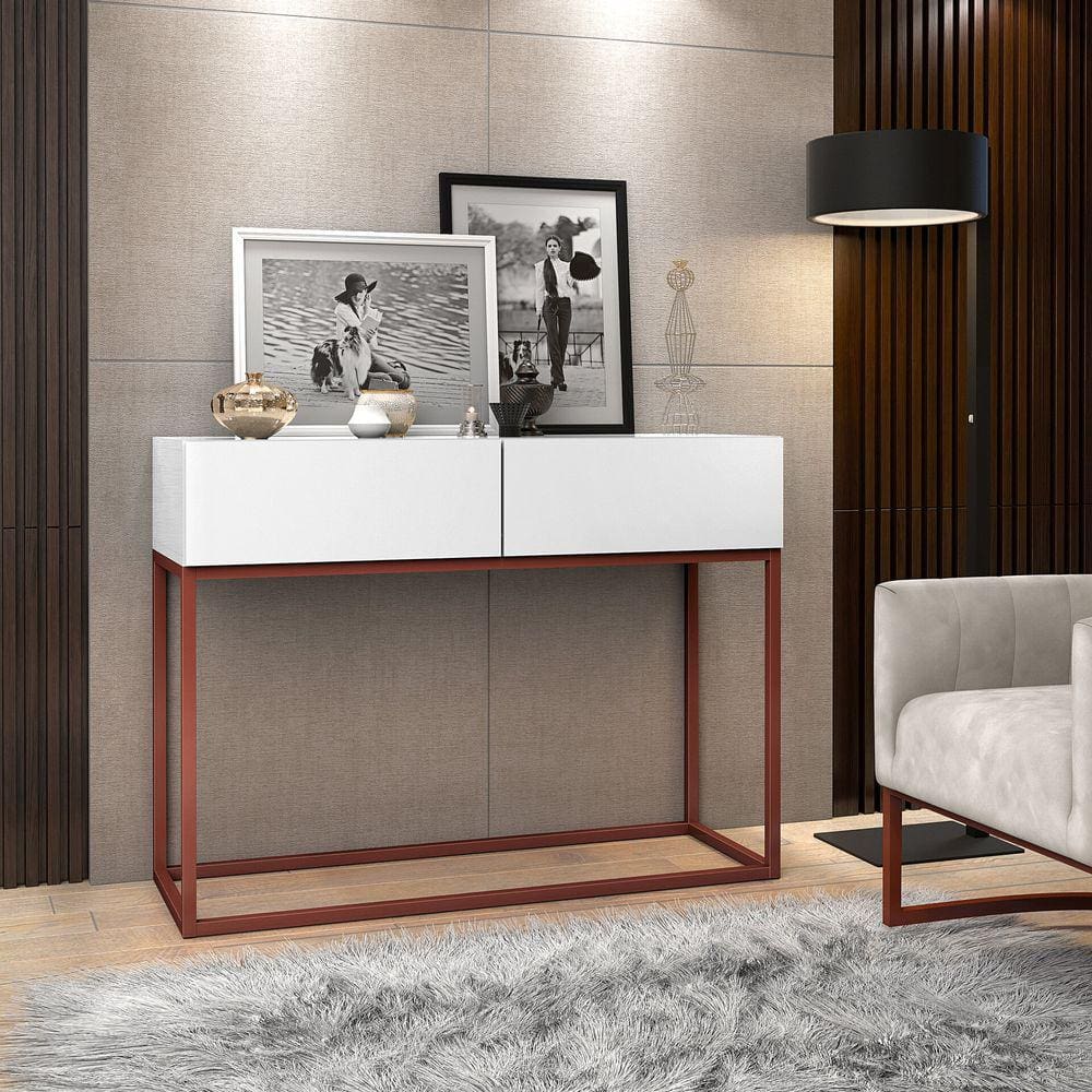 Aparador Eros Branco 90cm Estilo Industrial 2 Gavetas Pés de Ferro Cobre