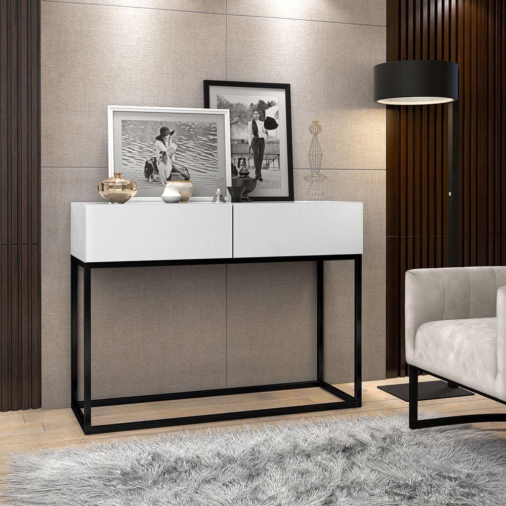 Aparador Buffet Hall De Entrada Luxo Eros 02 Gavetas 90cm Branco Com Preto