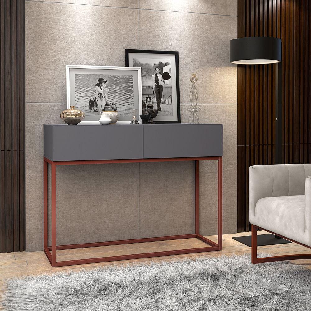 Aparador Buffet Hall De Entrada Luxo Eros 02 Gavetas 90cm Cinza Com Cobre