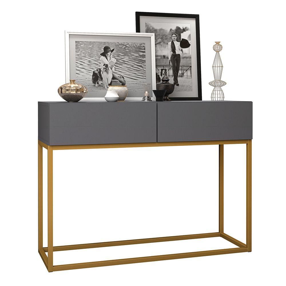 Aparador Eros Cinza 90cm Estilo Industrial 2 Gavetas Pés de Ferro Dourado