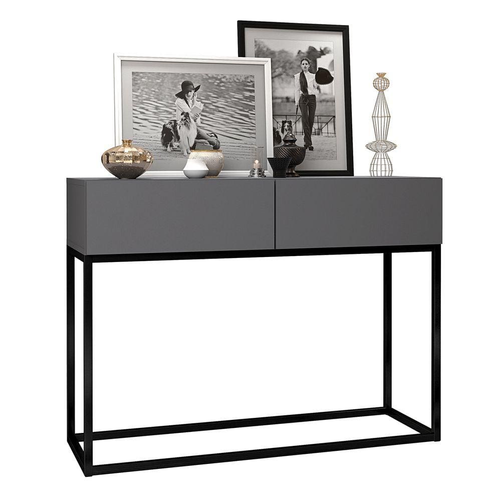 Aparador Buffet Hall De Entrada Luxo Eros 02 Gavetas 90cm Cinza Com Preto