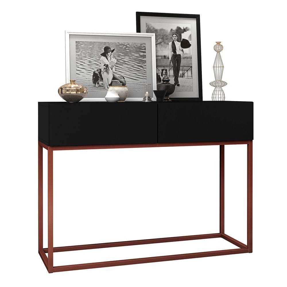 Aparador Buffet Hall De Entrada Luxo Eros 02 Gavetas 90cm Preto Com Cobre