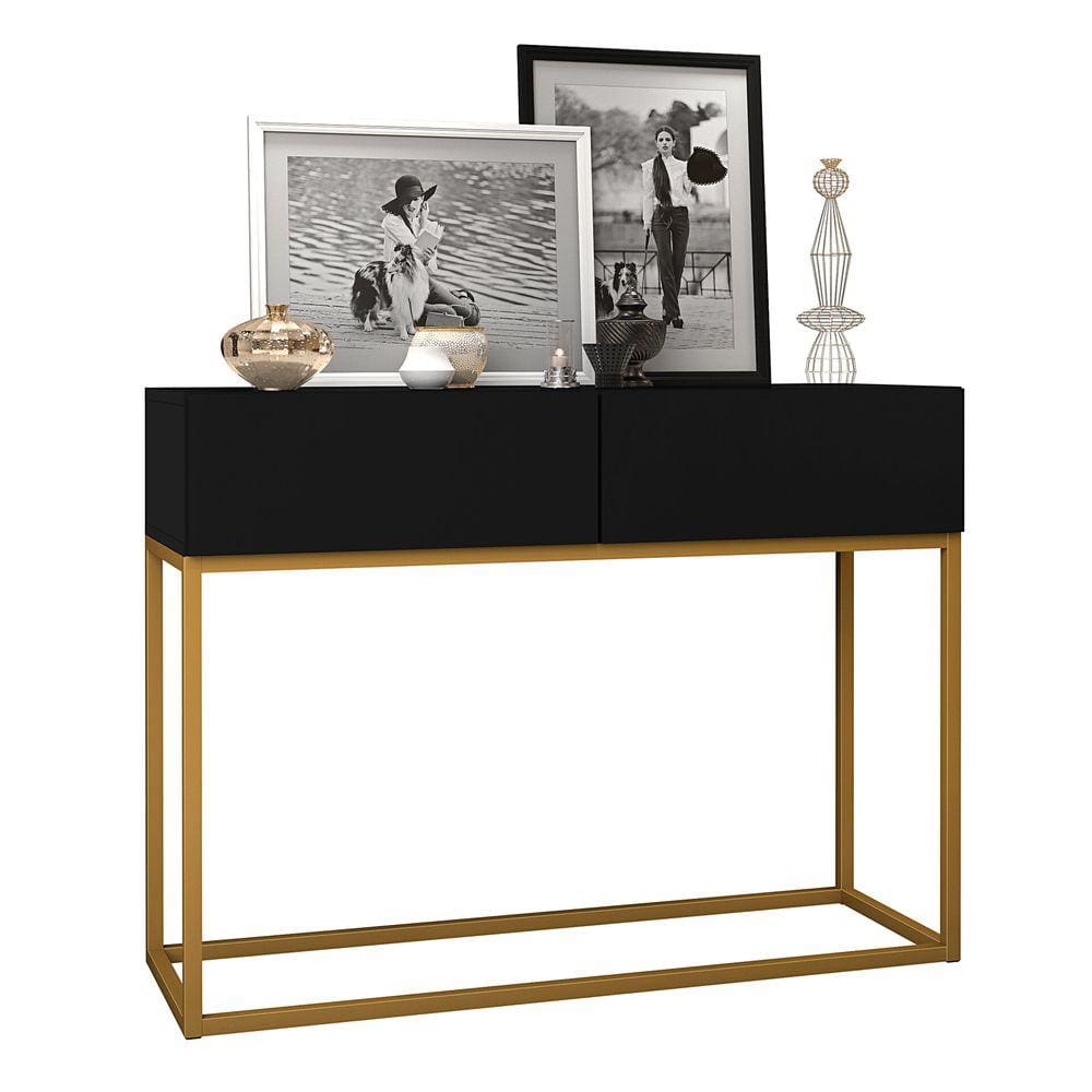 Aparador Buffet Hall De Entrada Luxo Eros 02 Gavetas 90cm Preto Com Dourado
