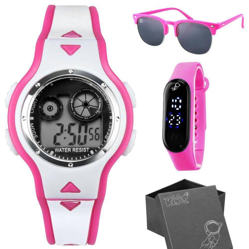 Relogio Digital Rosa Infantil Criança + Caixa + Oculos Sol
