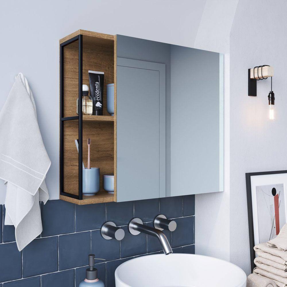 Espelheira para Banheiro 53x60cm Placa e Ponto Preto/Mel