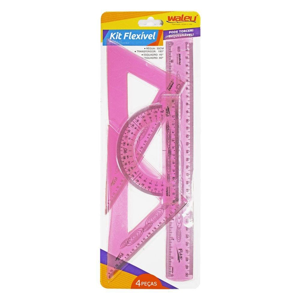 Kit Geométrico Flexível 4 peças, Régua 30cm, Esquadro 60º e 45º, Transferidor 180º - Waleu