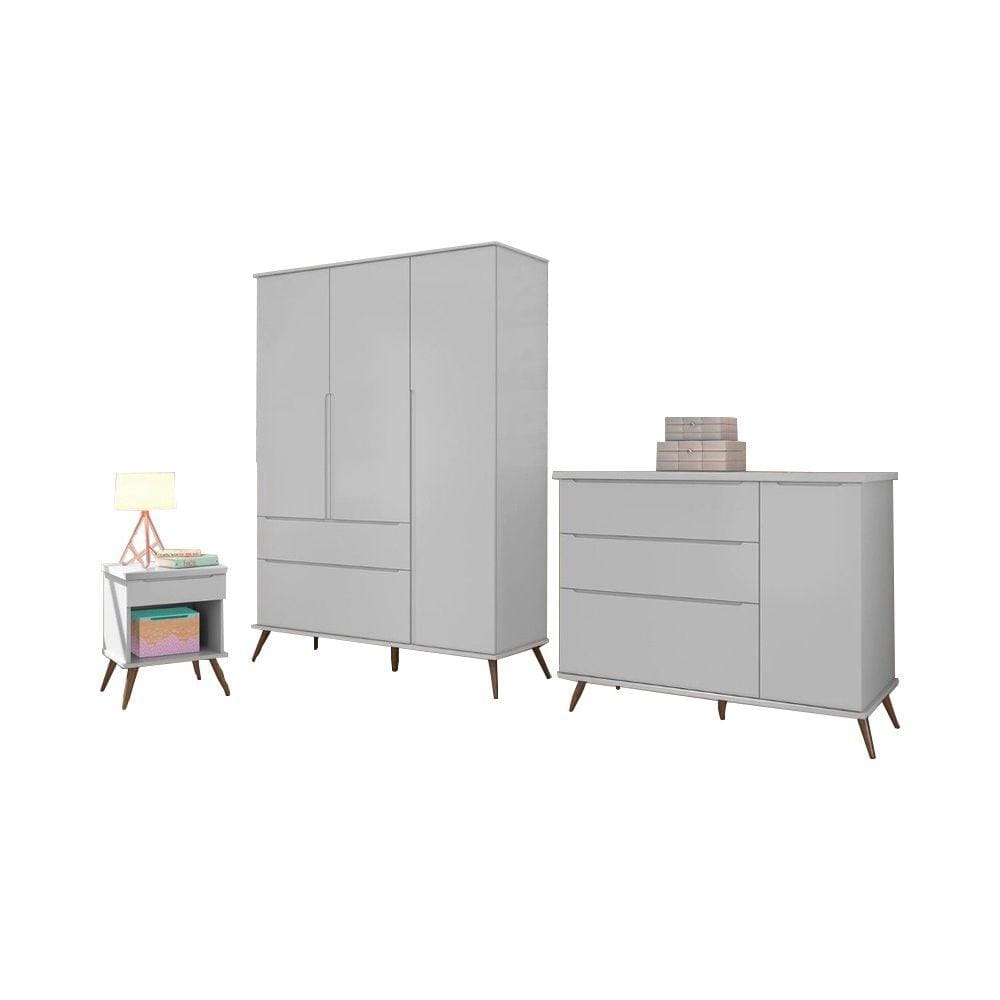 Kit Quarto Infantil Bebê Melinda Retrô Com Pés Cômoda Guarda Roupa 3 Portas e Mesa de Apoio Cza - Phoenix Baby