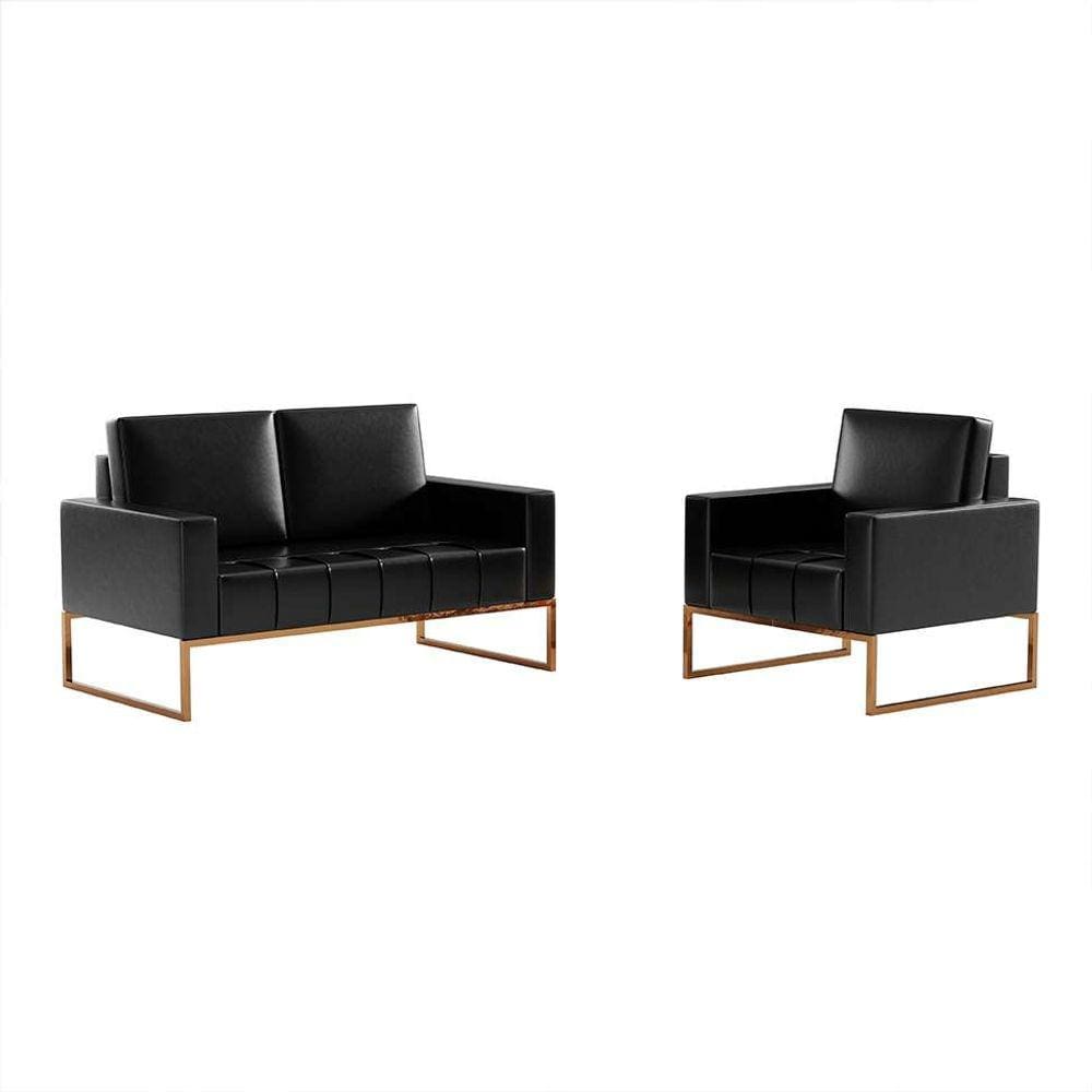 conjunto de sofá 2 lugares com 1 poltrona atena revestimento sintético preto