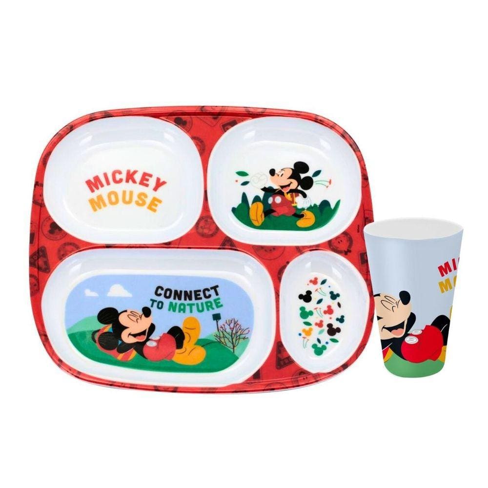 Kit Prato Refeição Infantil 4 Divisórias e Copo Melamina Mickey Mouse Disney - Tuut